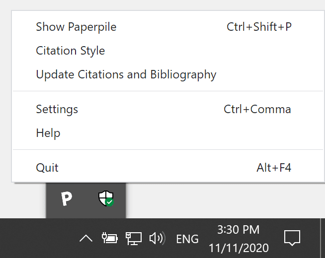 The Paperpile icon in the Windows taskbar with its menu open on Show Paperpile, Citation Style, Update Citations and Bibliography, Settings, Help and Quit, with keyboard shortcuts.